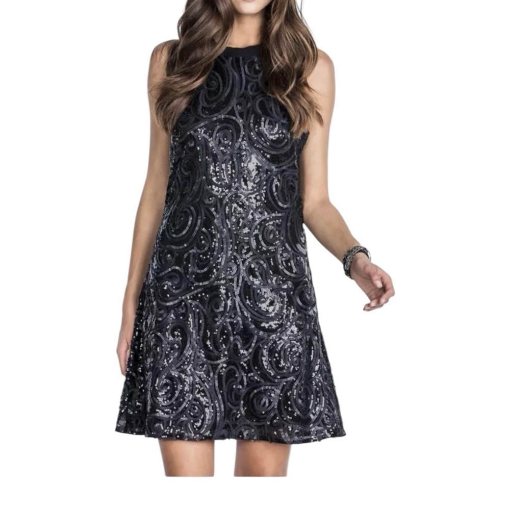 MISS ME “ TAKE A MOMENT “ Sequin TANK HALTER black Dress LARGE  NWT